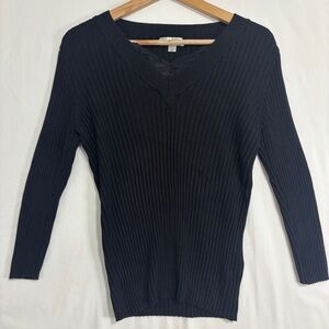 Dressbarn Ribbed Sweater Womens XL Fitted Black Lace Neckline Stretch Y2K Party